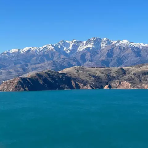 Snow-capped mountains rise behind a rugged coastline and turquoise bay under a clear blue sky.”](https://example.com)