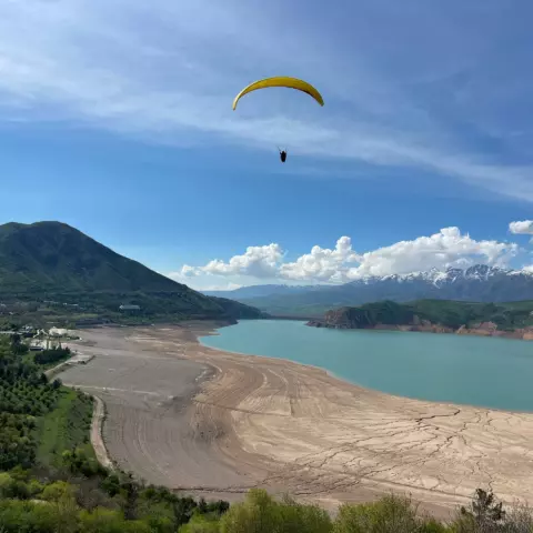 Paraglider with a yellow canopy gliding over a green hillside and turquoise reservoir below.